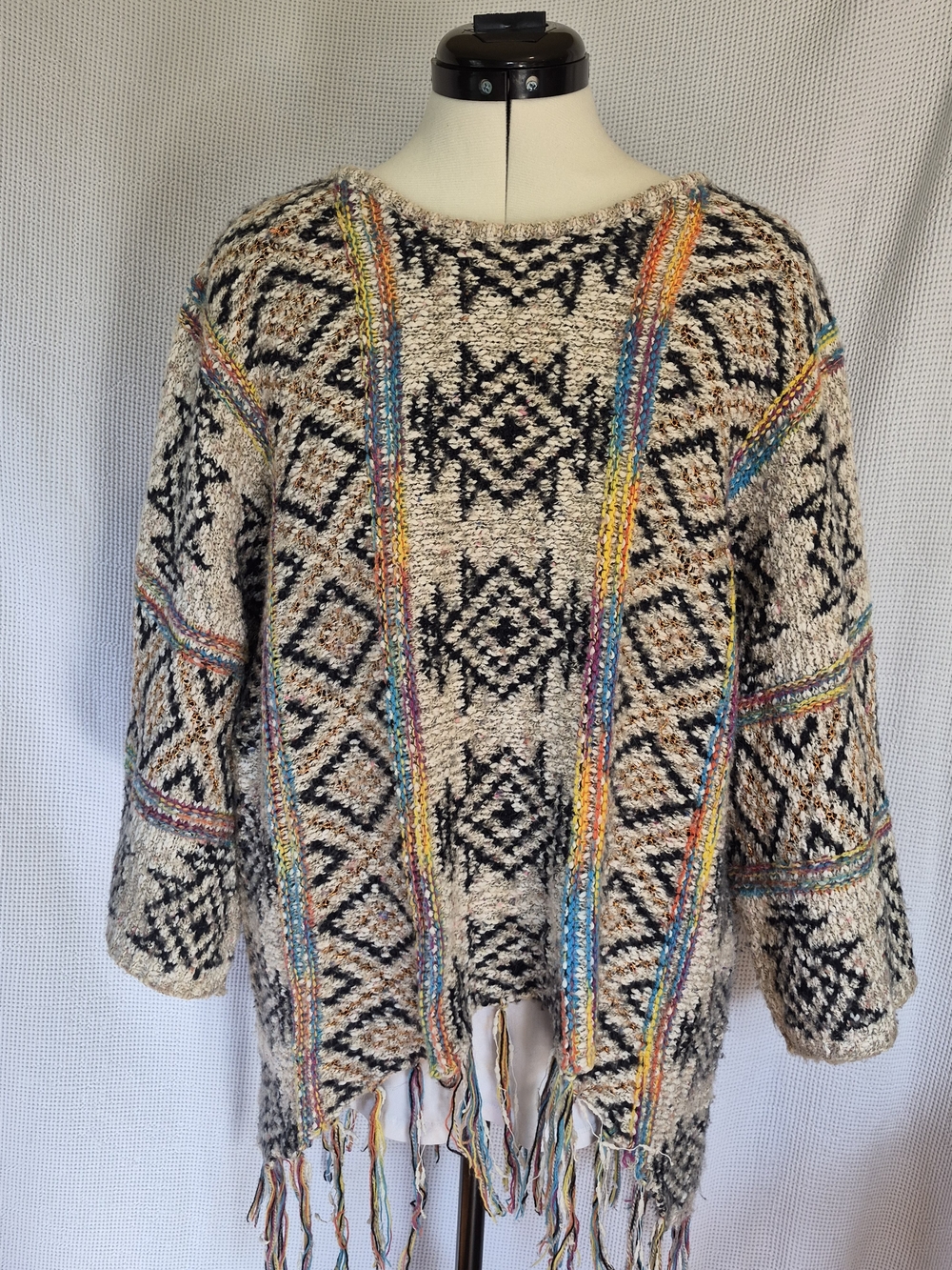 Boho Fringe Crewneck Sweater - Cream with Black Pattern